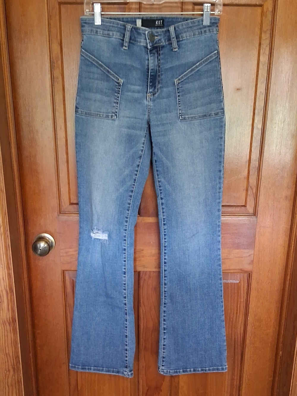 Kut from the Kloth Mid-Blue High-Rise Flare Jeans with Front Patch Pockets